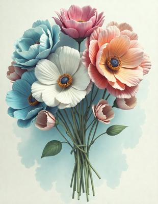 The primary subject of the image is a bouquet of flowers, which are displayed in a vase. The flowers are of various colors, including pink, white, and blue. The setting is a blue background, which adds a sense of depth and contrast to the image. The visual style is a combination of digital art and illustration, creating a vibrant and detailed representation of the flowers. The colors and mood of the image are lively and cheerful, with the blue background providing a calming and soothing atmosphere.